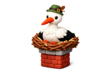 Cute stork in nest on brick chimney with green hat for whimsical design
