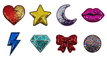 Sparkly sequin patch set including heart, star, moon, lips, lightning, diamond, bow, and circle shapes isolated. Glamour fashion and embroidery collection.