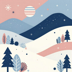 Trendy winter illustration. Minimalist winter forest landscape with trees and mountains: Design for web banners, greeting cards, and wall art.