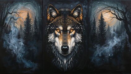 Oil-painted mystical wolf triptych where the center panel shows a glowing wolf spirit with luminous eyes