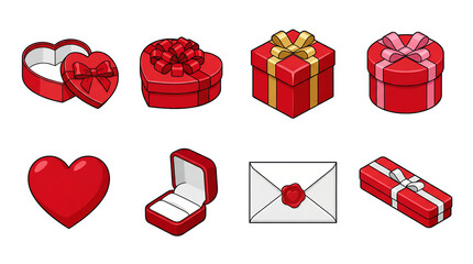 Valentine gift box set including heart shaped containers, ring box, envelope, and ribbon tied packages isolated. Romantic celebration and anniversary collection.