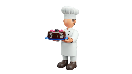 Cartoon chef holding a chocolate cake with berries