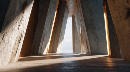 Minimalist atrium interior with vertical stone panels illuminated by angled daylight Shadows stretch naturally across matte flooring gleam
