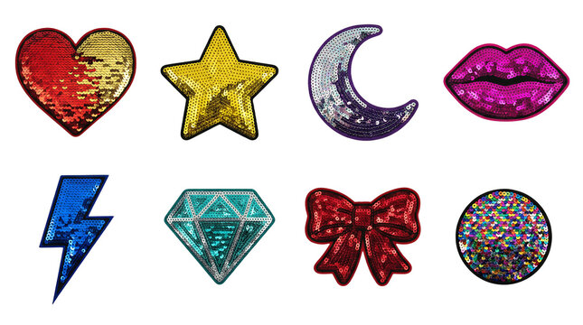 Sparkly sequin patch set including heart, star, moon, lips, lightning, diamond, bow, and circle shapes isolated. Glamour fashion and embroidery collection.