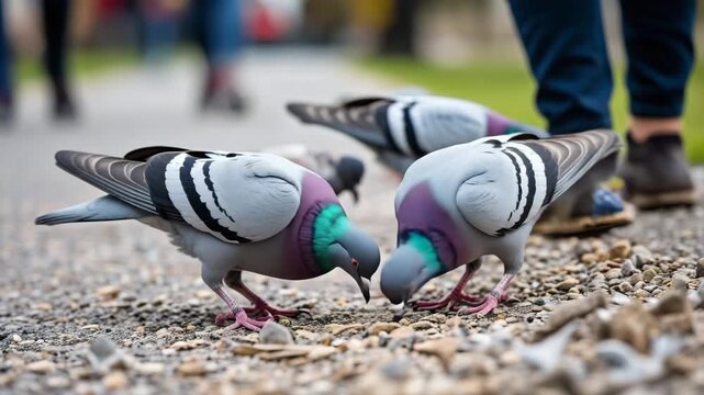 Two Pigeons Eating Grain On Gravel Ground