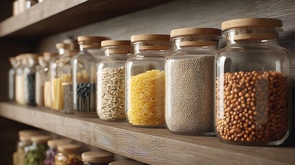 Row of clear glass storage jars with wooden lids containing various dry foods and pasta on a shelf.