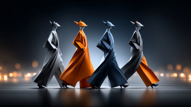 Four vibrant origami figures exude elegance and modern fashion against a dramatic backdrop