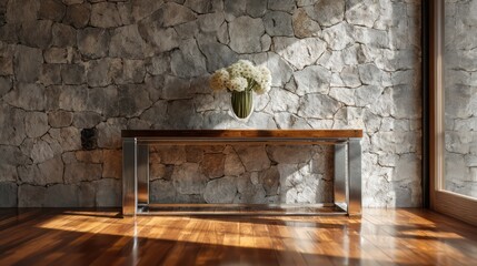 Minimalist entryway with polished wooden flooring stone wall backdrop and metallic-framed console Natural daylight creates brilliance rim-light accentuating