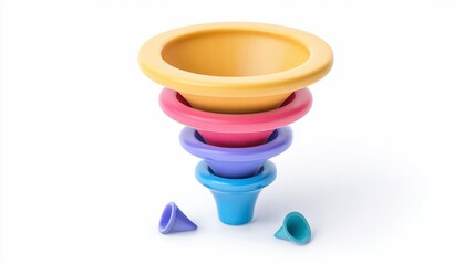 Colorful, stacked, concentric, bowl-shaped objects in yellow, pink, purple, and blue. Additional cones are scattered