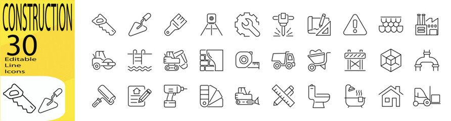 Construction icon set. Editable stroke.	