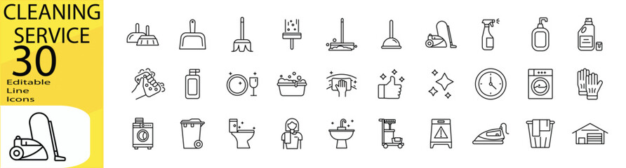 Cleaning Service icon set. Editable stroke.	