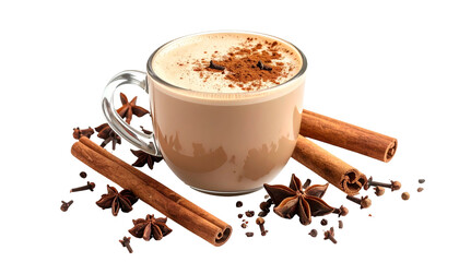 Mug of creamy spiced beverage with star anise, cinnamon sticks, and cloves