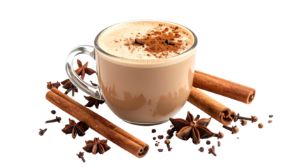 Mug of creamy spiced beverage with star anise, cinnamon sticks, and cloves