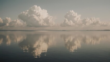 Fototapeta premium Serene Reflection of Fluffy Clouds Over Calm Water at Sunset.