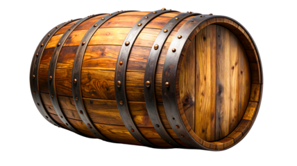 A weathered wooden barrel with metal bands stands against a transparent background.