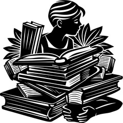 Silhouette of book stack with reading person, education vector isolated on White Background