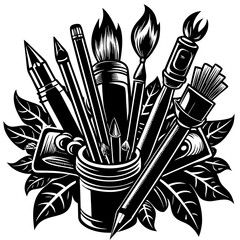 Silhouettes of art tools (brush, pencil), creative vector isolated on White Background