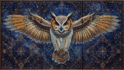 Owl guardian triptych painted in oil style, with the central owl staring forward, and side panels expanding into star-filled night skies and sacred geometry.