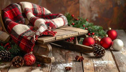 Wooden sled draped with plaid scarf, surrounded by Christmas ornaments and pinecones on a table