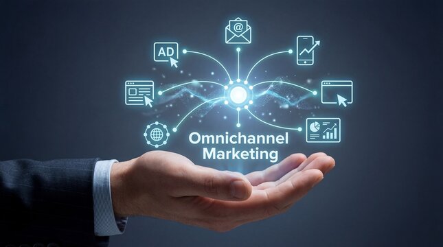 Businessman presenting omnichannel marketing strategy with glowing icons - Powered by Adobe