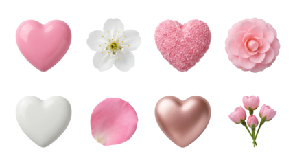 Heart and flower set including glossy ceramic, textured sugar, metallic rose gold shapes, and cherry blossom blooms isolated. Romantic wedding and valentines day elements.