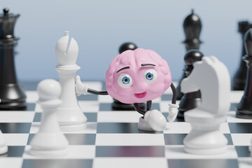 Brain cartoon with chessboard showing strategy in 3D