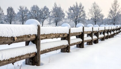 A snow-covered wooden fence in a winter landscape with frosted trees and a soft sky