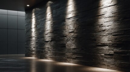 Minimalist interior showcasing polished stone wall illuminated by angled side-light Shadows emphasize texture with accuracy reflections enhance metallic