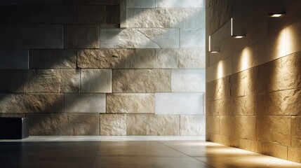Minimalist interior showcasing polished stone wall illuminated by angled side-light Shadows emphasize texture with accuracy reflections enhance metallic