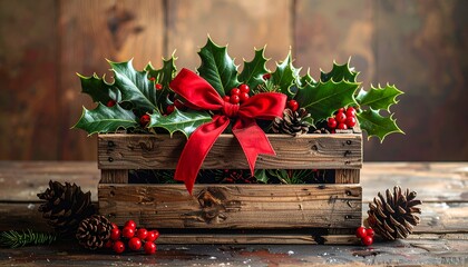 Rustic wooden crate overflowing with festive holly, berries, pinecones, and red ribbon