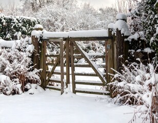 A wooden gate, blanketed in snow, nestled amidst frosted shrubbery and trees