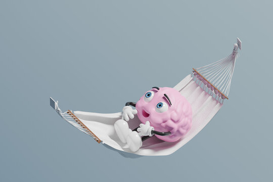 Relaxed brain cartoon laying on hammock in 3D style