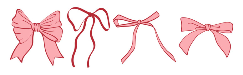 A set of bows and ribbons. Hand-drawn decorative sketches of festive bows for gift wrapping or hair accessories. 