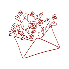 Vector illustration of an envelope with flowers, plants, and hearts. Creative, hand-drawn love letter concept. Logo, emblem, or label for your card, wedding invitation, or Valentine's Day card.