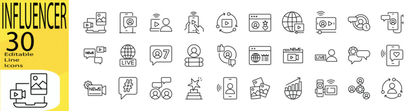 Influencer icon set. Editable stroke.	