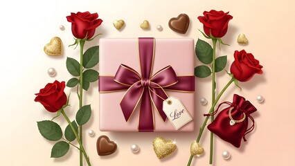 A romantic composition for valentine's day with gift box, red roses, hearts, and jewelry