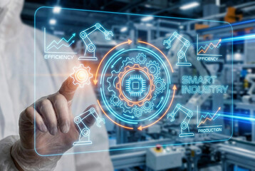 Businessman touching virtual gear interface symbolizing Industry 4.0 and automation