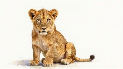 Obraz premium Lion cub sitting on white background