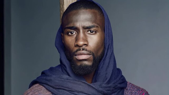 Serious man in hooded cloak looks into camera with dramatic lighting creating powerful portrait suited for faith inspiration leadership or historical storytelling themes