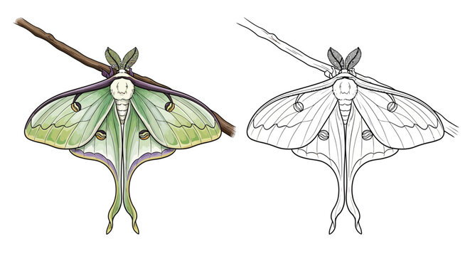 Luna Moth Comparison Featuring Vibrant Green Colored Illustration and Detailed Line Art