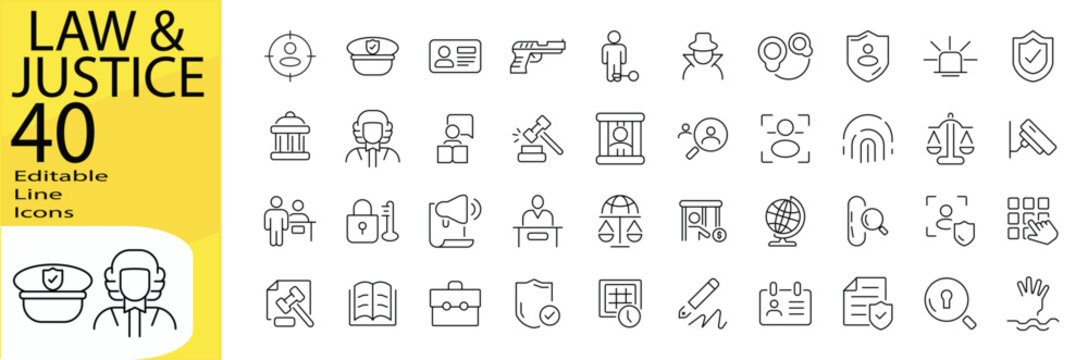 Law & Justice icon set. Editable stroke.	