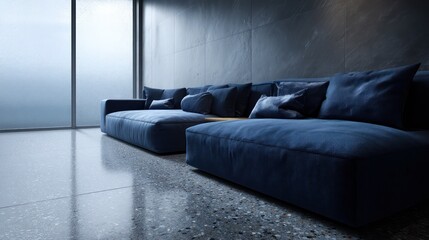 Minimalist living room navy blue modular sofa polished grey terrazzo flooring cold misty morning ambient lighting deep desaturated