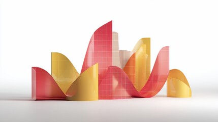 Colorful abstract 3D visualization. Curved, folded, and layered shapes with grid lines on white