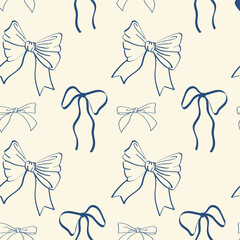 A seamless pattern of hand-drawn blue ink retro bows and ribbons on a pink background. Perfect for weddings and Valentine's Day designs. A vintage retro design for greeting cards, weddings, and birthd