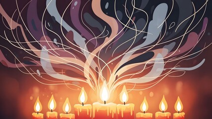 A glowing display of nine candles casting warm light and intricate smoke trails upwards