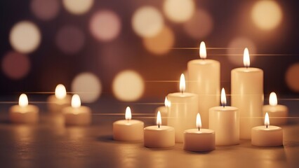 A beautiful arrangement of lit candles creating a serene and warm atmosphere with bokeh background
