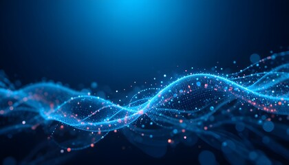 Abstract Futuristic Technology Concept with Flowing Wave Lines, Dots Particles, and Glowing Light Effects on Blue Background