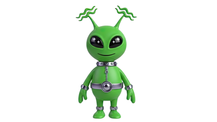 Green Cartoon Alien with Star Eyes and Metallic Accents
