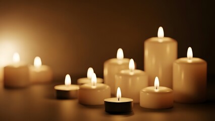 Multiple burning candles illuminate a dark space, symbolizing warmth and tranquility