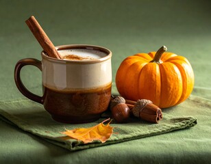 A warm drink, pumpkin, and acorns sit on a green cloth, autumn theme